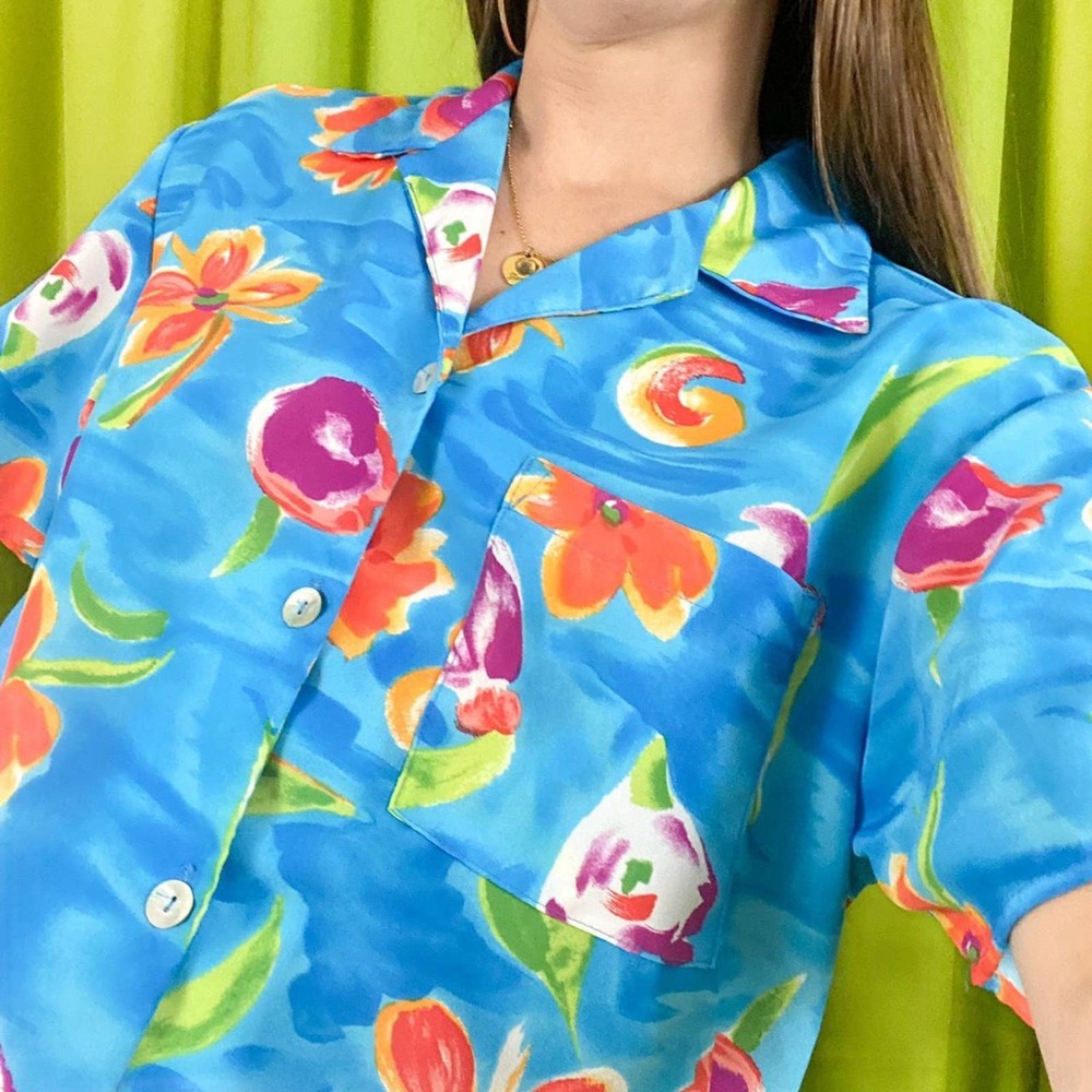 90s Vintage Blue Pink and Orange Flower Power Floral Print Button Down Shirt